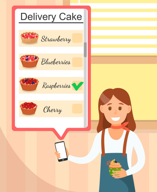 面包房的女孩拿着电话送蛋糕。图片下载
