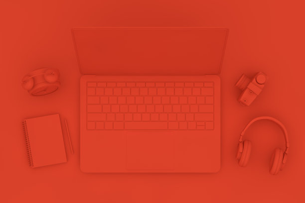 顶视图桌面与笔记本电脑，最小的技术理念概念。图片下载
