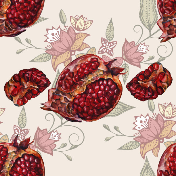 无缝石榴画与图形，图案背景。墙纸或织物设计。图片下载