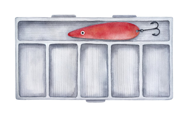 硬渔具箱，用于捕鱼设备和用品。里面有分隔器和人工诱饵。手绘水彩素描绘画在白色的背景，剪纸剪辑艺术设计元素。图片下载