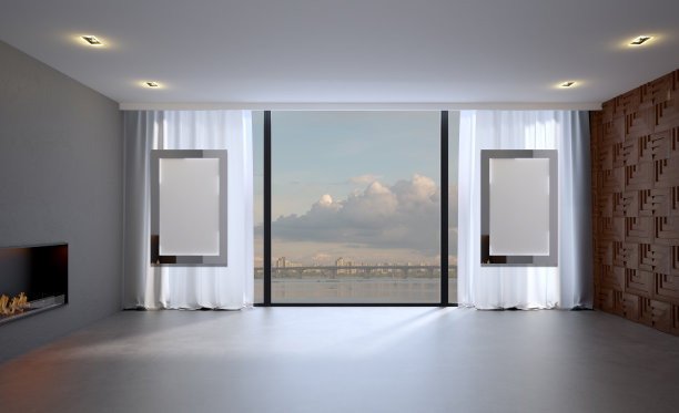 空的内部与一个大的全景窗口俯瞰山脉。现代壁炉热. .3 d渲染。空白的画。模型。图片下载