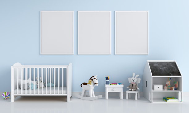 三个空的相框，用于儿童房的模型，3D渲染图片下载