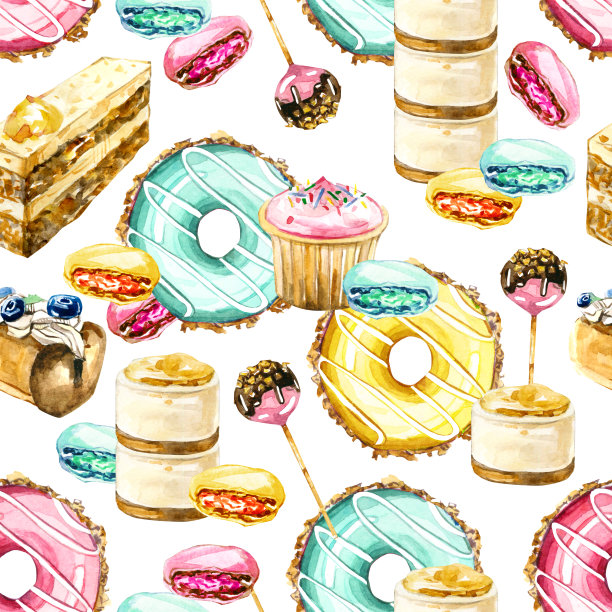 水彩无缝图案糖果，糖果，纸杯蛋糕，甜点图片下载