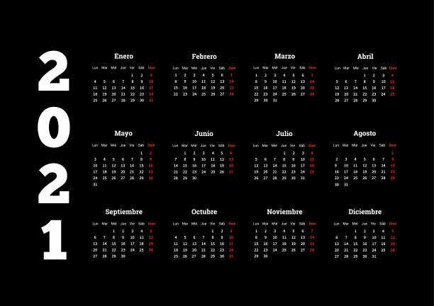 黑色背景下的西班牙简单日历是2021年图片下载