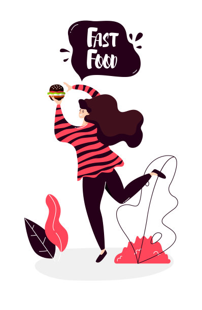 带着快餐的卡通女孩在大自然中漫步。矢量旗帜在平面风格。图片下载