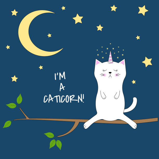 可爱的独角兽猫晚上坐在树上。图片下载