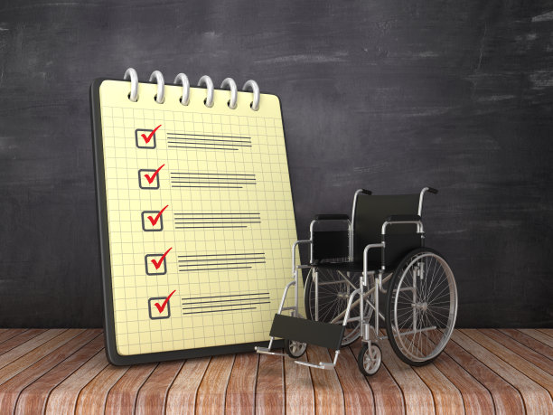 检查列表笔记垫与轮椅在黑板上的背景- 3D渲染图片下载