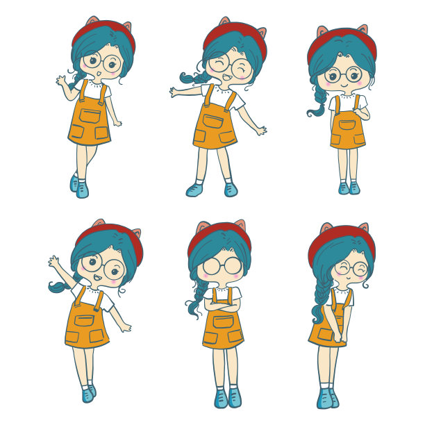 可爱的女孩角色设计在不同的情绪和表情图片下载