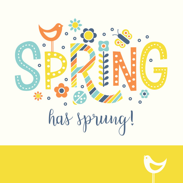 春天的涂鸦文字设计有鸟，花和点图片下载