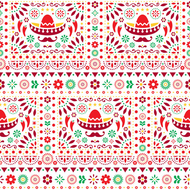 无缝矢量墨西哥花卉图案与墨西哥宽边帽，辣椒和鲜花，快乐重复的背景图片下载