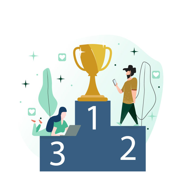 平面风格的矢量插图。看手机的大胡子男子和拿笔记本电脑的女孩都在争夺第一名。图片下载