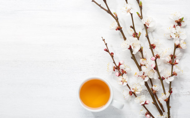 一杯茶和春天的花(杏花)在破旧的木头桌子上。图片下载