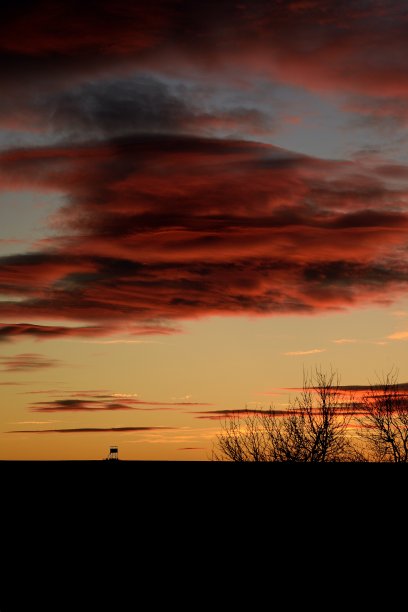 夕阳与猎人隐藏在地平线上。傍晚的图片与美丽的红色天空，树木和隐藏在背景图片下载