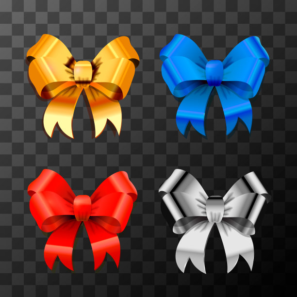 一套明亮的红色，蓝色，银色和金色蝴蝶结透明的背景图片下载