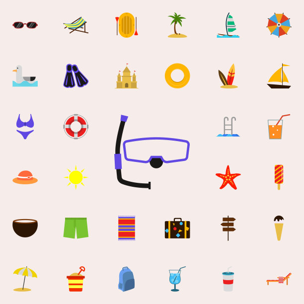 潜水面罩扁平图标。用于网页和移动设备的彩色夏季通用图标集图片下载
