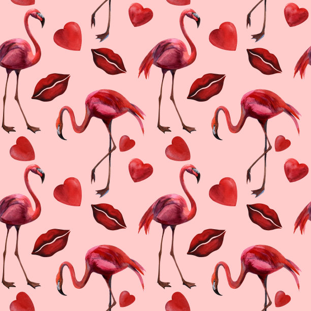 水彩火烈鸟，红心和红唇背景，婚礼浪漫图案图片下载