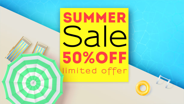 夏季大减价，夏季特价。逼真的游泳池，遮阳伞，充气环，沙滩躺椅。俯视图，平放。三维矢量对事件打折，五折。图片下载