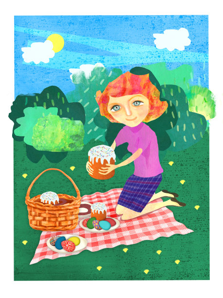 这个女人在为节日野餐分解食物。复活节的插图。图片下载