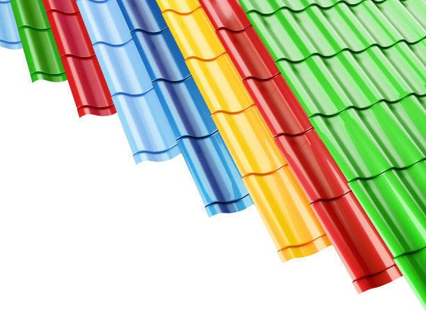 彩色金属屋顶瓦片，在一个白色背景的3D插图，3D渲染图片下载