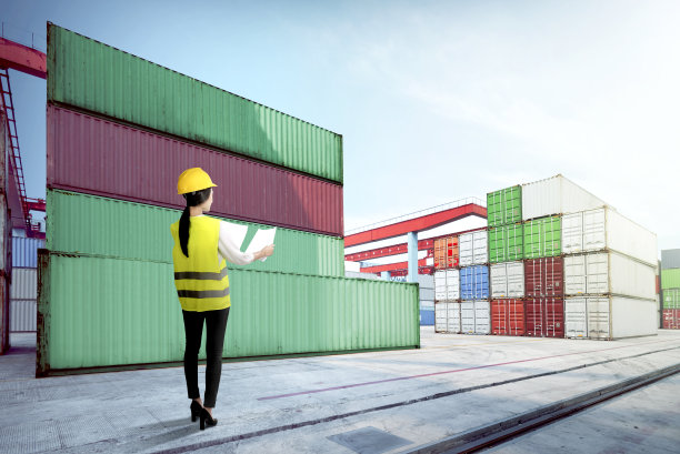 后视图亚洲女工人与安全背心和安全帽拿着一张纸检查船舶在码头上图片下载