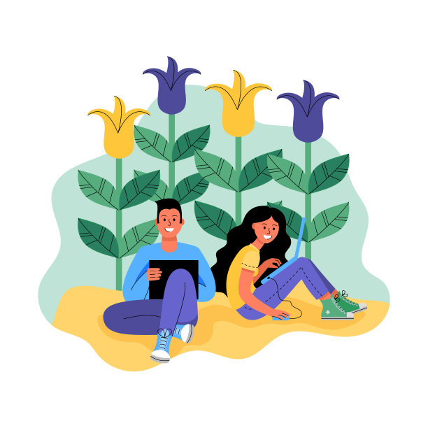 一男一女拿着笔记本电脑被鲜花包围。矢量插图。图片下载