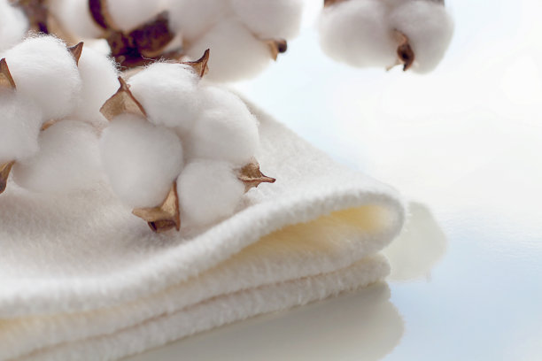 在一张白色的桌子上，放着一束棉花花和一块柔软的布。桌面上-反射着蓝天和白云。选择性聚焦，复制空间。图片下载