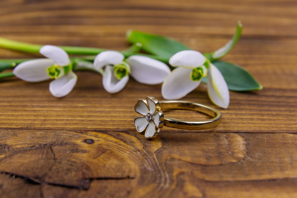 木制背景上的金戒指和雪花莲图片下载