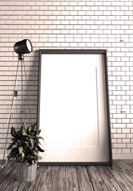 砖墙上的框架和灯。三维渲染图片下载