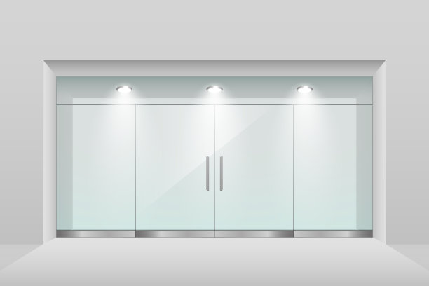 空店面天花板照明和玻璃双扇门图片下载