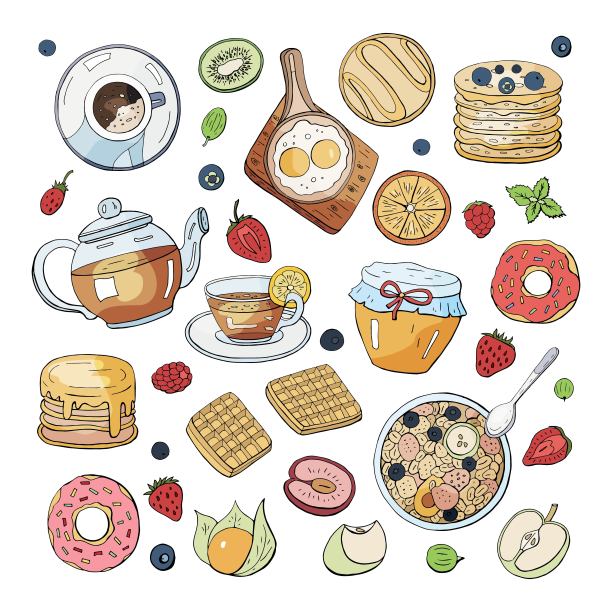 一套早餐元素孤立的白色背景。图片下载