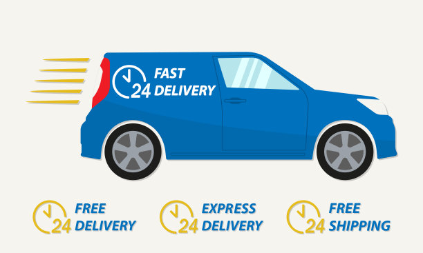 快速递送车图标与24小时时钟。有免费送货、快递或免运费标志的车辆插图。向量交付背景。图片下载
