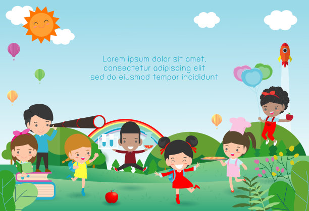 回到学校，孩子上学，教育理念，孩子上学，广告宣传册模板，你的文字，孩子和框架，孩子和框架，矢量插图，卡通快乐的孩子。插图图片下载