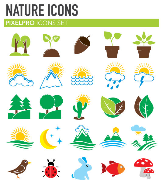 自然相关的图标设置在白色背景的图形和网页设计。简单的矢量信号。网站按钮或手机应用的互联网概念符号。图片下载