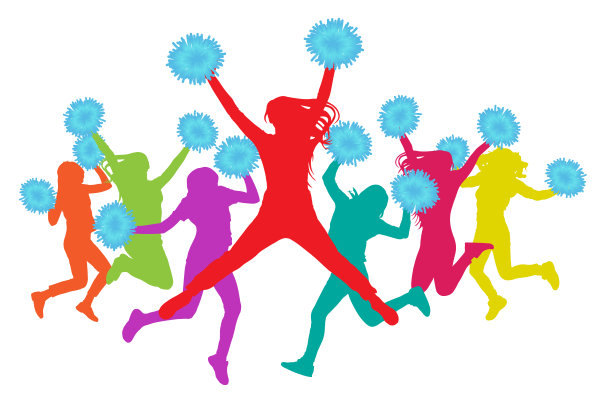 蹦蹦跳跳的女孩拿着绒球(拉拉队)剪影鲜艳。矢量图图片下载