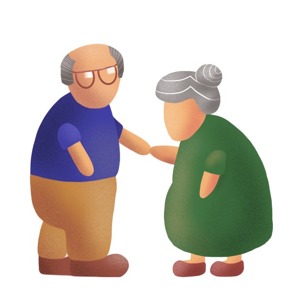 一对老年夫妇的平面图标风格。可爱时尚的数字插图，一个灰色头发的老人秃顶斑点在蓝色t恤和棕色裤子和眼镜和老妇在绿色连衣裙图片下载