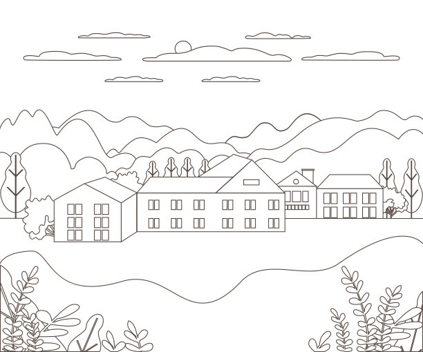 细线勾勒出田园农庄景观。集山、山、树、天、云、太阳为一体的现代乡村全景户外设计。线条艺术风格抽象背景，线性矢量插图图片下载
