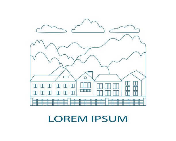 细线勾勒出田园农庄景观。用山、山、树、天、云、太阳等符号设计乡村户外摩登。线条艺术风格抽象背景，线性矢量插图图片下载