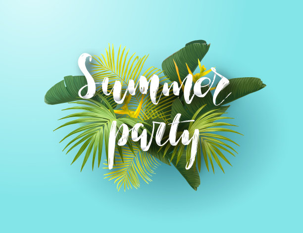 夏季热带矢量设计海报，横幅或广告与异国情调的绿色棕榈叶，花和处理在明亮的背景。图片下载