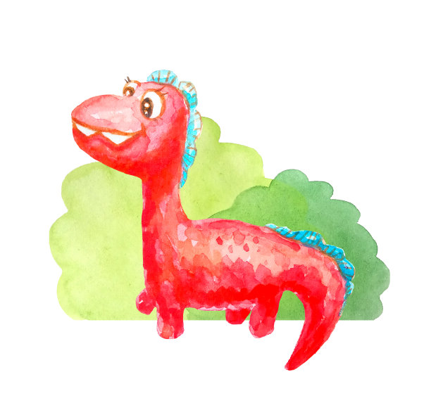 红种快乐的恐龙附近的灌木丛孤立在白色的背景水彩画风格图片下载