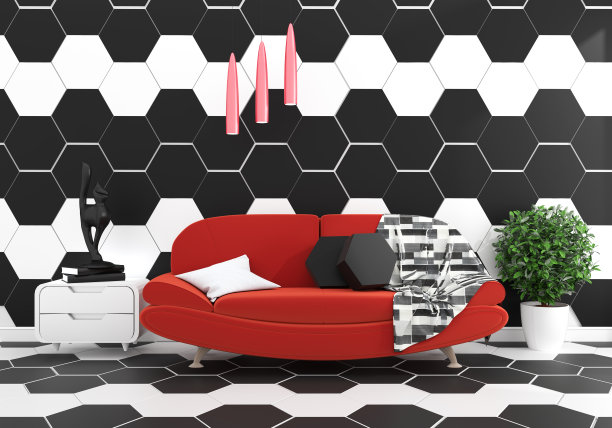 六角形瓷砖颜色黑白现代地板-简约。三维渲染图片下载