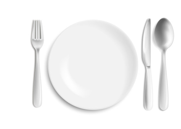 不锈钢刀，勺和叉与盘子隔离在白色背景。矢量插图。图片下载