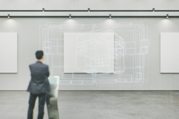 未来艺术画廊与投射的艺术品在3D空间图片下载