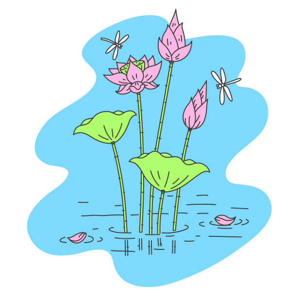 简单的轮廓荷花与蜻蜓插图图片下载