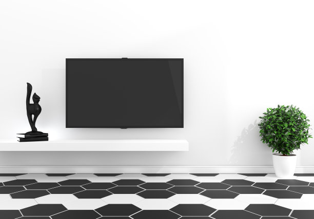电视在现代空房-六角形瓷砖彩色黑白现代地板-简约。三维渲染图片下载