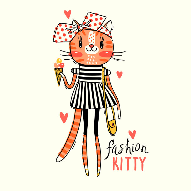 时尚可爱的小猫。矢量插图的猫在时尚的衣服。可用于t恤印花，童装设计，婴儿送礼卡图片下载