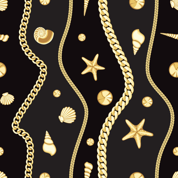 黄金链和贝壳条纹无缝模式。图片下载