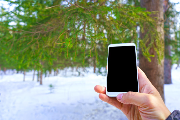 男人在冬天的森林里使用手机。模型图片图片下载