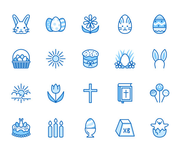 复活节平线图标设置。彩色蛋，篮子，寻蛋，兔子，春天的花，圣经，蛋糕矢量插图。基督教庆祝的微弱迹象。像素完美的64x64可编辑笔画图片下载