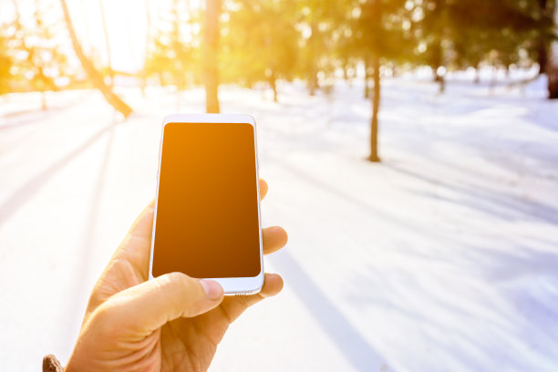 在冬季森林公园使用智能手机的人。模型图片图片下载