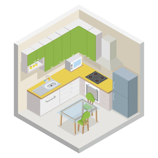 厨房等距现代家具房剖面图平面设计孤立的概念矢量插图图片下载